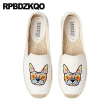 Белые ботинки холста изображения животных вышивка повседневная эспадрильи конопля лоферы женщин плоские вышитый фламинго ананас арбуз весенняя осень последние красивая европейская отправка капель Мода