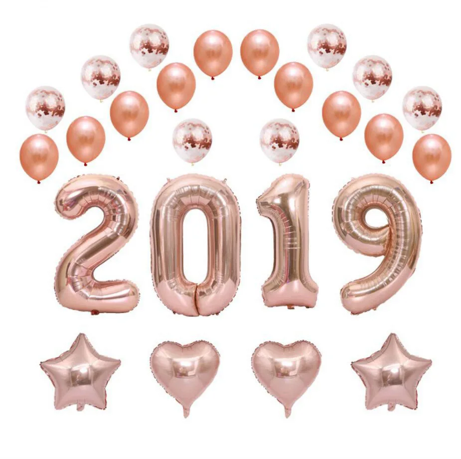 

2019 Happy New Year Balloon Decoration Anniversary Rose Gold, Gold,Sliver Ballon,Helium Balloon, Foil Heart Star Baloes Number