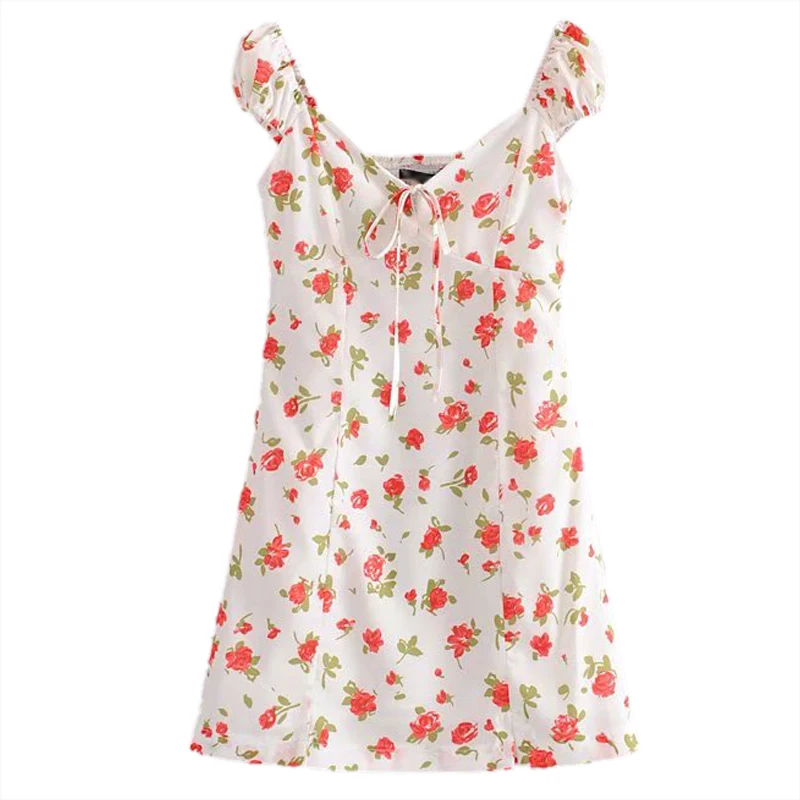 

Women Sweet Floral Print V Neck Mini Backless Elastic Dress Short Sleeve Pleated Bow Design Dresses FFZYQ329