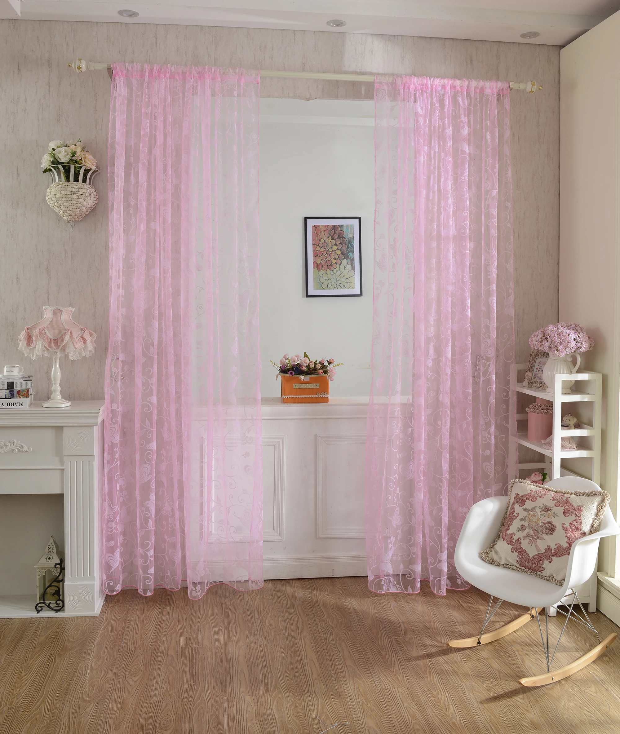 

Floral & Butterfly Embroidered Sheer Curtains Rod Pocket Curtains for Girls Room