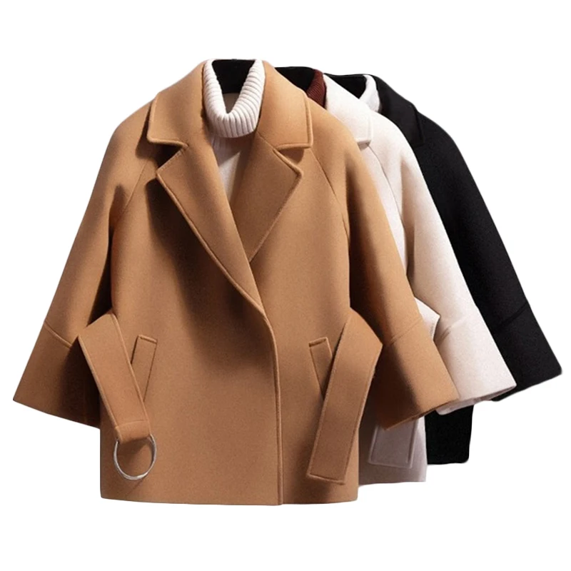 

New Women Short Wool Coat Belt Jacket Autumn Winter Women's Woolen Blends Coats Outer clothing High quality Casual Outwear F613