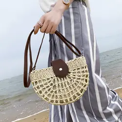 Летние пляжные сумки через плечо для Для женщин 2019 маленький соломенный тканая сумка леди путешествия Сумки женский полукруг Курьерские
