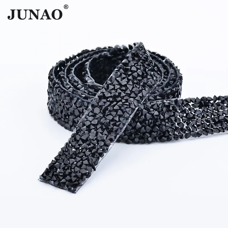 

JUNAO 5 Yard *15mm Hotfix Black Rhinestones Fabric Chain Resin Crystal Mesh Trim Strass Appliques Banding For DIY Clothes Jewel