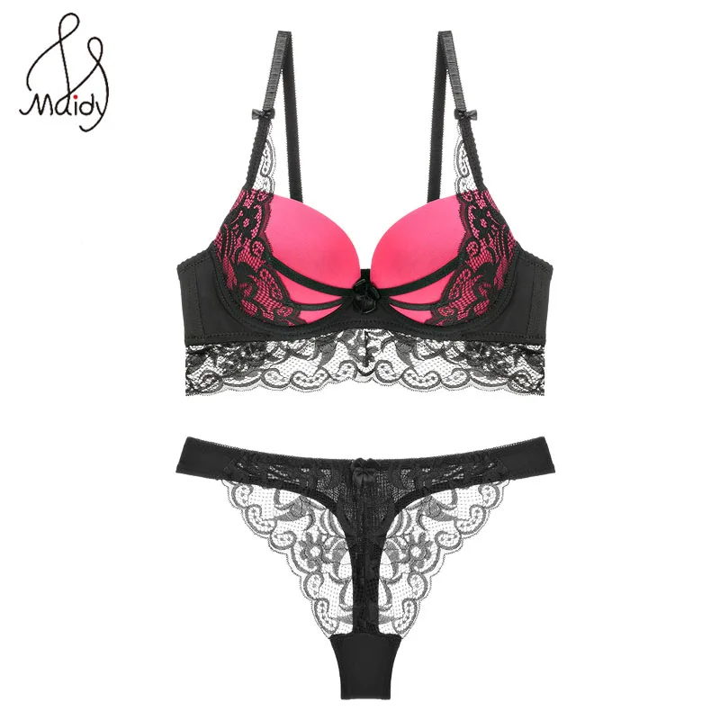 

Women Lace Bra Set Lingerie Set 3/4 Cup Padded Push Up Women's Bra Brief Sets Transparent Panty 34B-40C Maidy