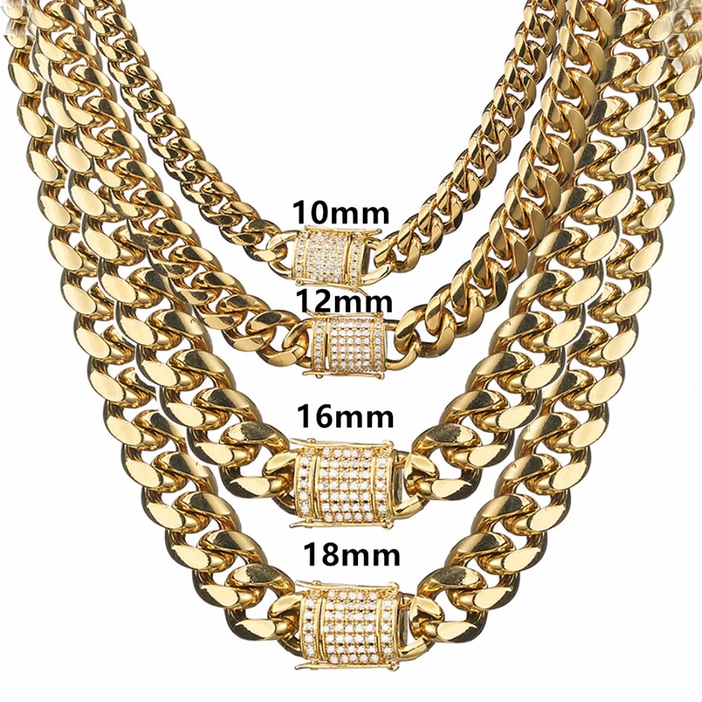 

8/10/12/14/16/18mm Trendy 316L Stainless Steel Gold Color Miami Cuban Curb Link Chain Men Women Necklace 7-40"