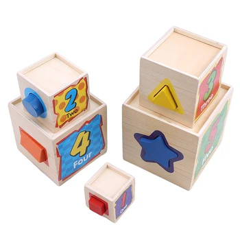 

Children's wooden toys 5 layers set of boxes digital shape blocks colorful creative geometric assembly early learning toys
