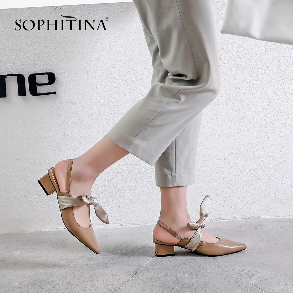 

SOPHITINA Genuine Lather Party Women Sandals Ankle Strap Pointed Toe Sweet Elegant Med Heel Shoes Square Heel Lady Sandals PO118