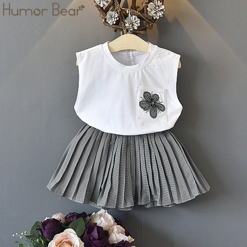 Humor Bear/Коллекция года, новая летняя одежда для девочек детская одежда футболка без рукавов с карманами+ клетчатая юбка комплект детской одежды - Цвет: Белый