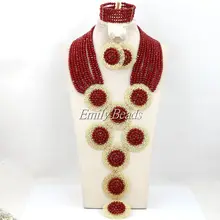 Красные нигерийские Свадебные африканские хрустальные бусины свадебное ожерелье браслет серьги большие ювелирные наборы вечерние ювелирные изделия AMJ352