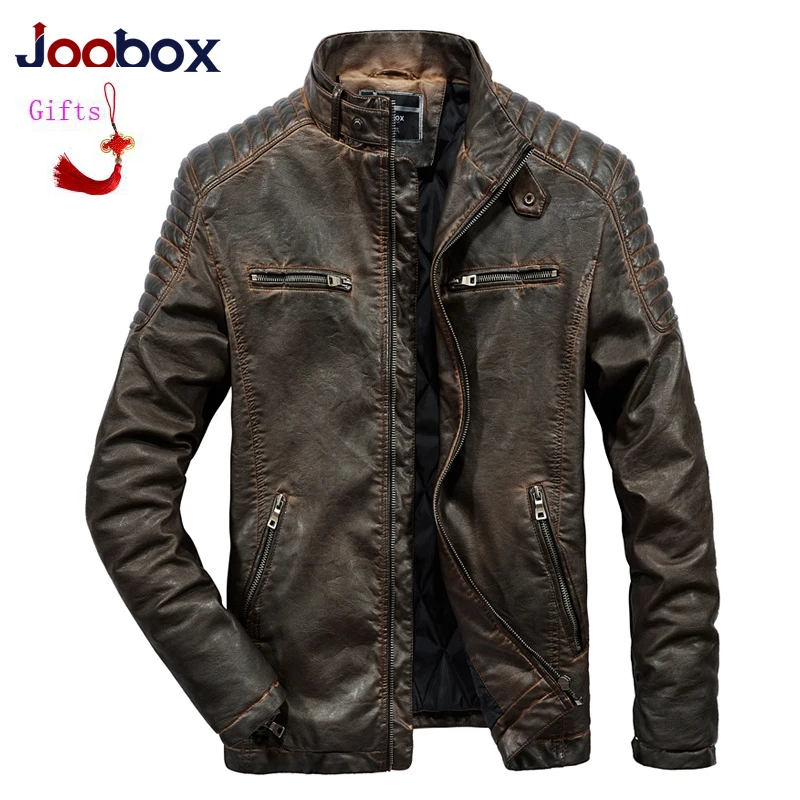 JOOBOX мужские кожаные куртки зимние винтажные мотоциклетные пальто стоячий воротник на молнии карманы однотонные пальто Верхняя одежда Высокое качество