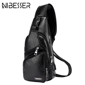 

NIBESSER Chest Bag Men Leather Chest USB Backbag With Headphone Hole Travel Organizer Male Bag Black/Brown