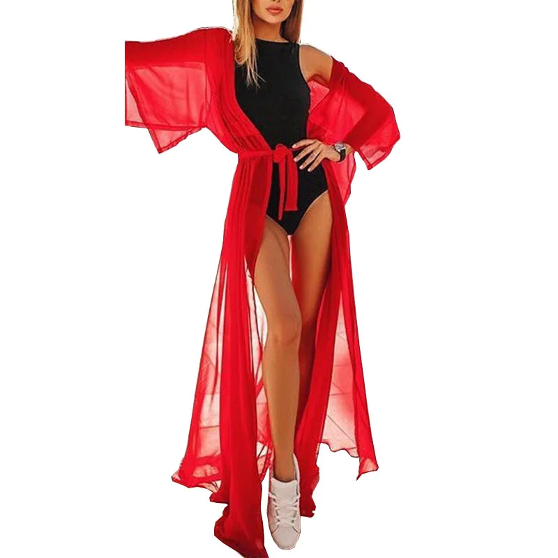 Женский сексуальный прозрачный открытый передний Халат длинный кардиган однотонное кимоно бикини пляжное покрытие Повседневная Блузка