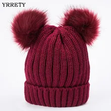 YRRETY/зимняя женская вязаная шапка с двумя меховыми помпонами для девочек, вязаная шапочка с помпонами, Детские кепки, шапка с помпонами из натурального меха