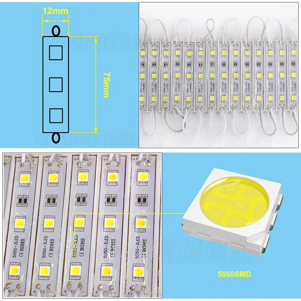 20 шт./лот Светодиодный модуль 12 В 3 светодиода 5050 Водонепроницаемый IP65 красный/синий/белый/желтый/зеленый /теплый белый для знак Магазин