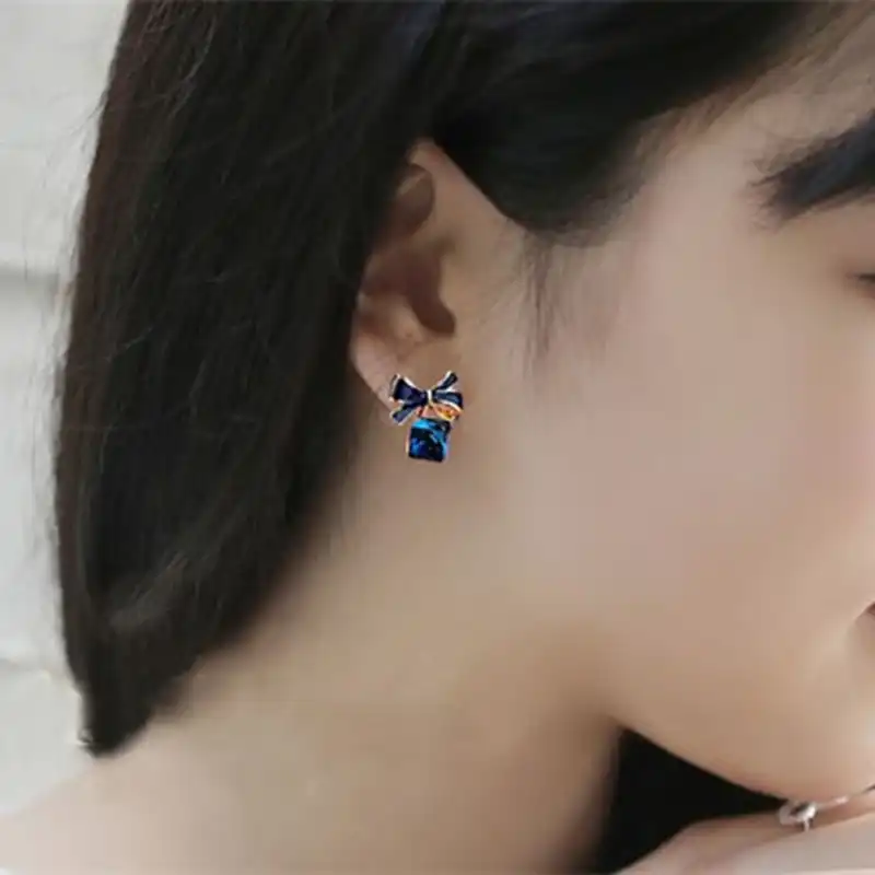 Женские серьги гвоздики с бантом Blue Kiss E480 золотым кубическим кристаллом шикарный