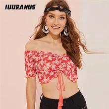 IUURANUS Fashion Bohemia Summer Blouse Off Shoulder Short Sleeve Floral Printing Bandage Backless Beach Blouse off shoulder cut out floral blouse