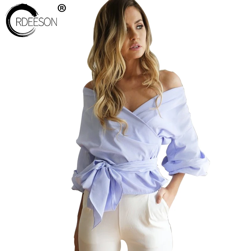 ORDEESON 2017 Off Shoulder Top White Blouse Sashes Womens