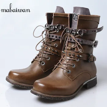 

Mabaiwan New Fashion Gladiator Women Shoes Retro Ankle Boots Genuine Leather Rivet Flats Female Shoes Woman Lace Up Riding Boots