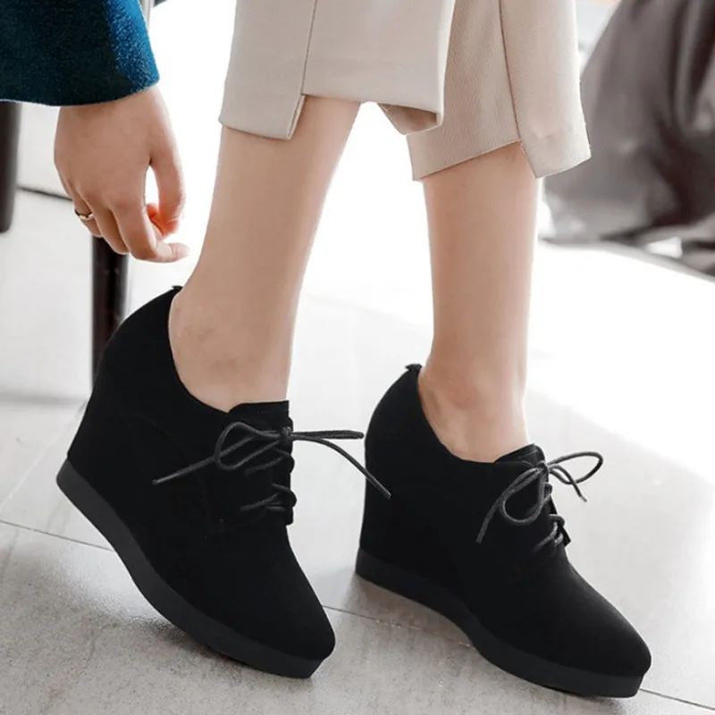 

2019 New Arrive Wedge Shoes Women High Heels Pointed Toe Black Shoes Suede Leather Platform Shoes Woman Pumps High Quanlity