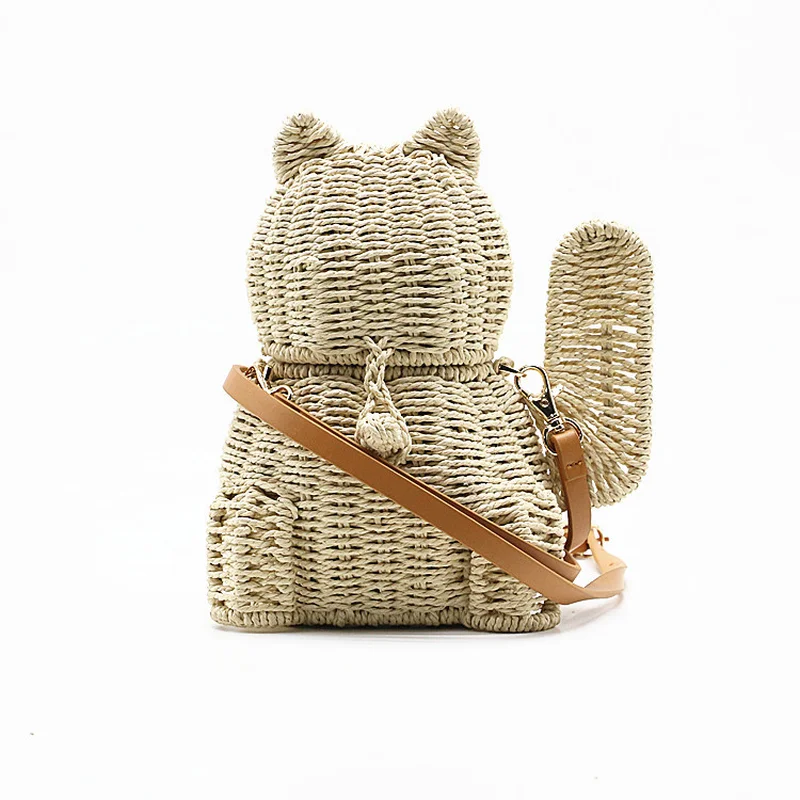 

2019 Summer New Straw Beach Messenger Bag Cartoon Rattan Weave Crossbody Bag Brand Designer Small Cute Lucky Cat Box Handbag