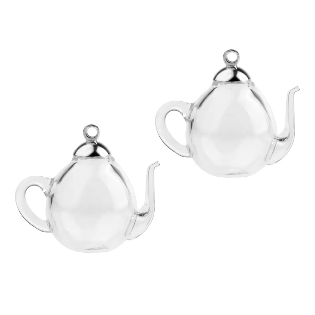 2Pcs Mini Teapot Empty Glass Wishing Cap Bottles Vial Pendant Charms Craft DIY
