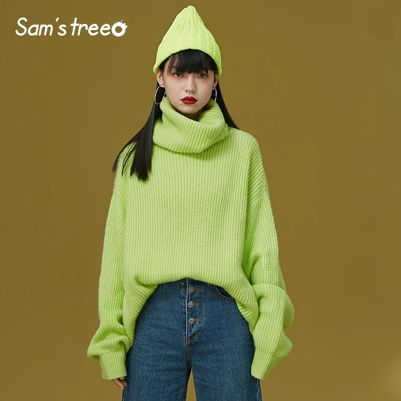 

Samstree Winter Female Sweater Loose Turtleneck Knitted Pullovers Solid Color Casual Women Sweaters