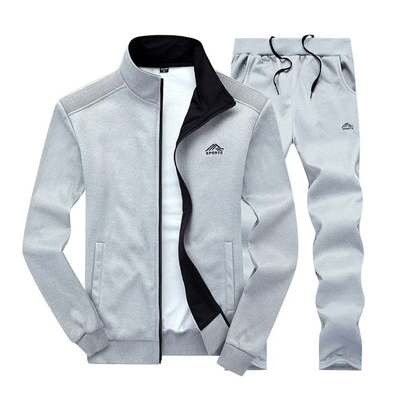 Мужской спортивный комплект, брендовый мужской спортивный костюм, спортивный костюм из двух предметов, толстовка на молнии, куртка+ штаны, спортивный костюм, Мужская одежда для фитнеса - Цвет: LY003 lightgrey