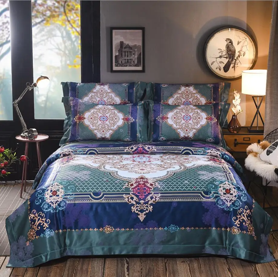

2019 Jacquard Satin Wedding Bedding set Luxury 4Pcs King Queen size Bohemia Duvet cover Bedspread Bedsheet Pillow shams Cotton