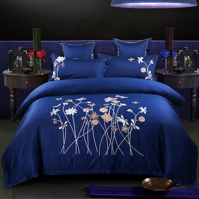 

Luxury Bedding Sets Cotton blue Home Textile Embroidery 4pcs Queen/King Size Bedclothes Bed skirt Duvet Cover Set