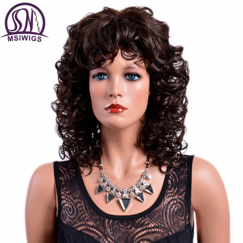 

MSIWIGS Lady Brown Curly Synthetic Wigs with Bangs Heat Resistant Afro Medium Ombre Wig for Women