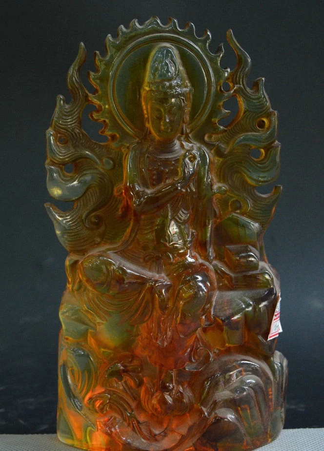 

China Amber Hand-Carved Free Kwan-yin GuanYin Avalokitesvara Boddhisattva Statue