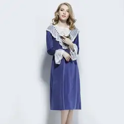 Осенне-зимняя утепленная одежда для сна для женщин, бархатное голубое Дворцовое милое Длинное Элегантное кружевное платье для сна с