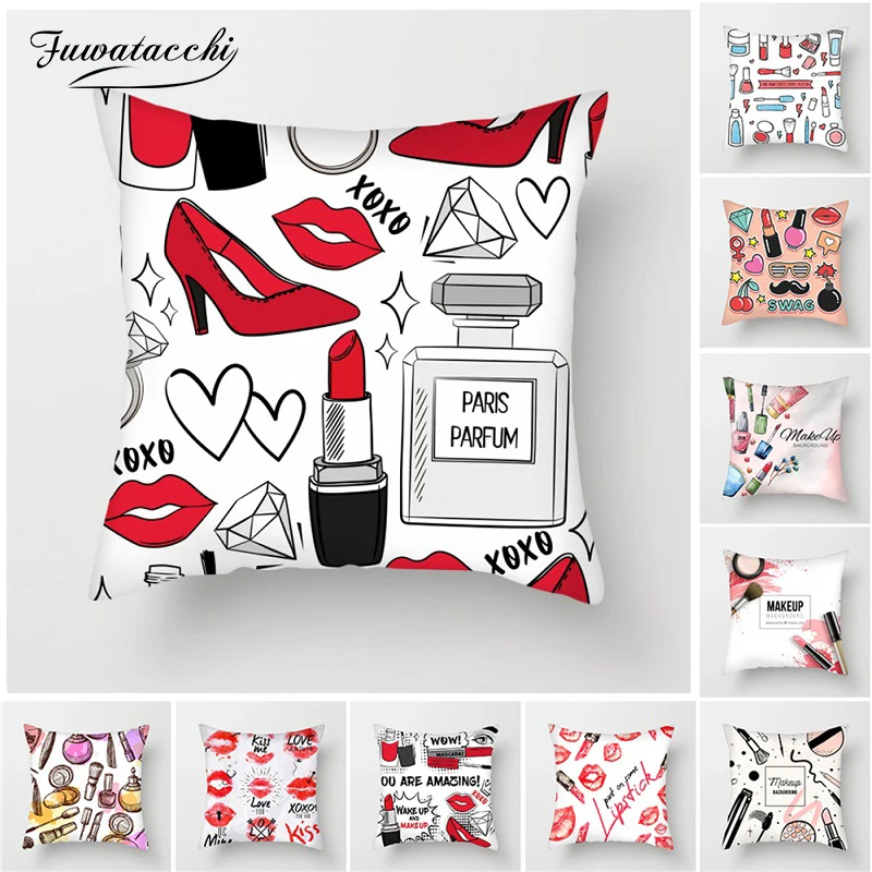 Fuwatacchi Lipstick Makeup Hand Painted Cushion Cover Perfume Bottles Pillow Cover for Sofa Home Chair Decoration