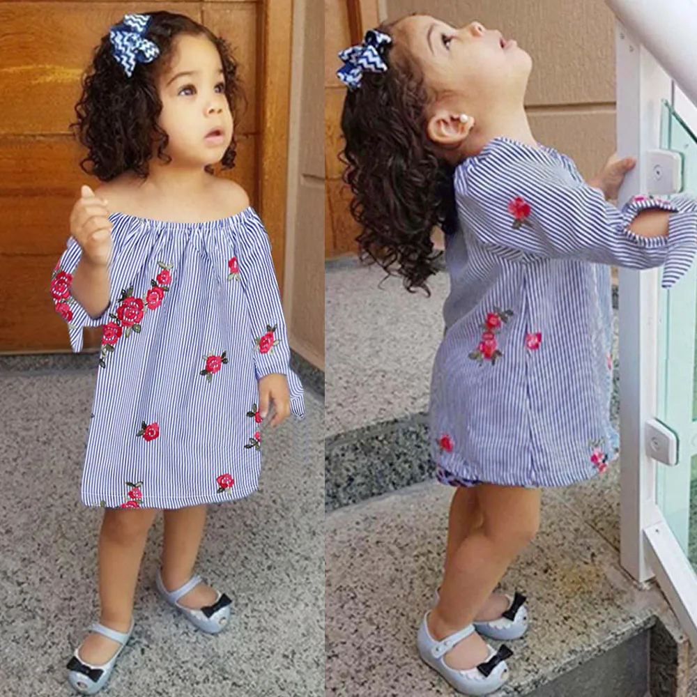 

Toddler Cotton Infant Baby Girls Embroidery Floral Striped Princess Dresses Long Sleeve Outfits vestido Autumn