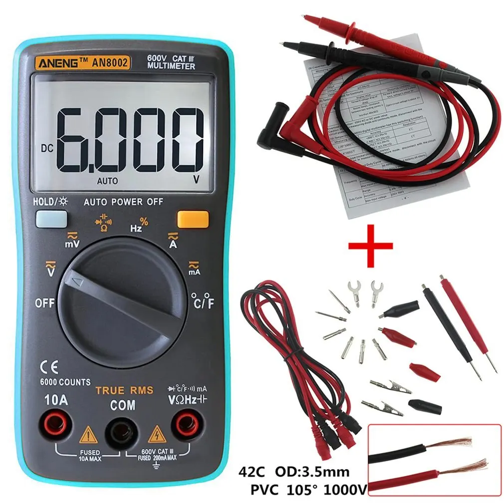 AN8002 Цифровой мультиметр ЖК дисплей Дисплей 6000 отсчетов подсветка AC/DC амперметр