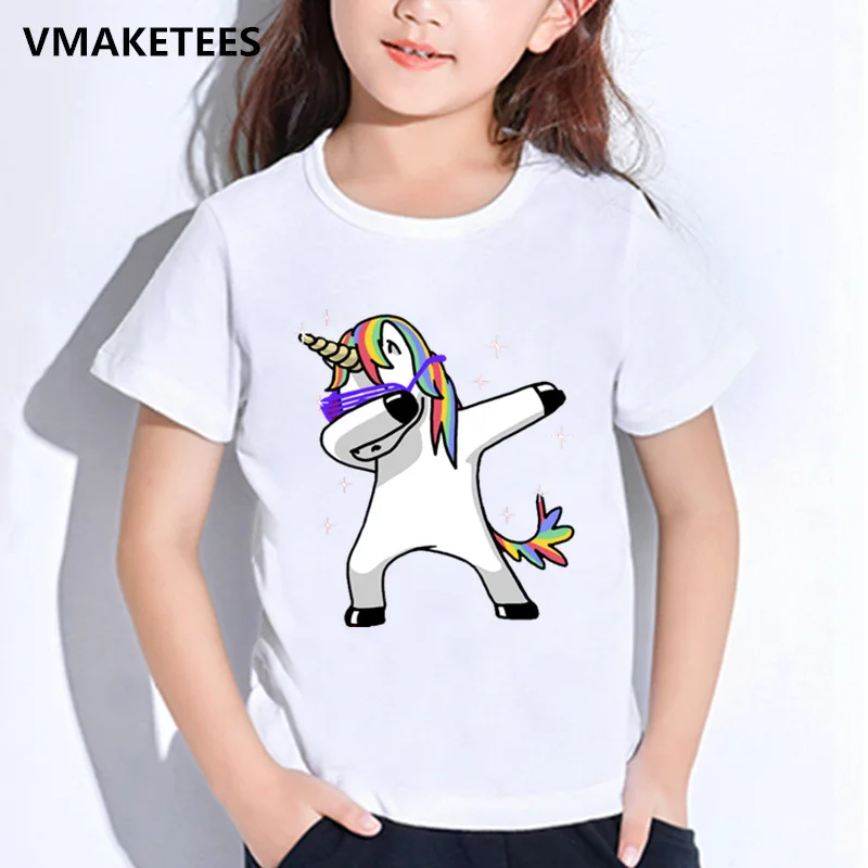 Детская летняя футболка для мальчиков и девочек Harajuku/Детская футболка с принтом единорога Повседневная забавная одежда для малышей HKP2197