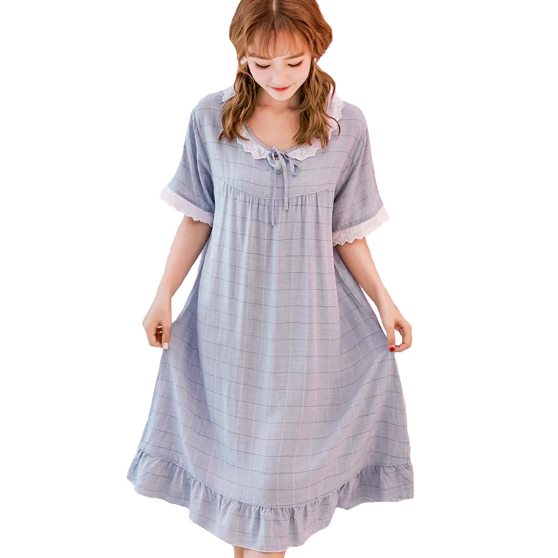 

Female Sleepwear Summer Short Sleeve Night Dress Cotton Nightgown Negligee Casual Sleep Shirt Plaid Nightwear Nightdress
