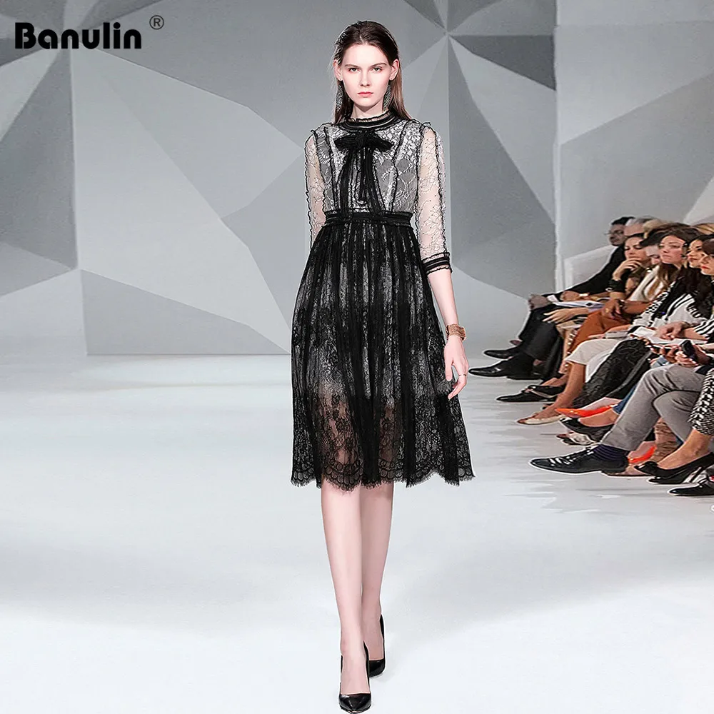 

High Quality Runway Designer Spring Summer Dress Women 2019 Fashion Half Sleeve Hollow Out Bowknot Midi Elegant Lace Dress Party