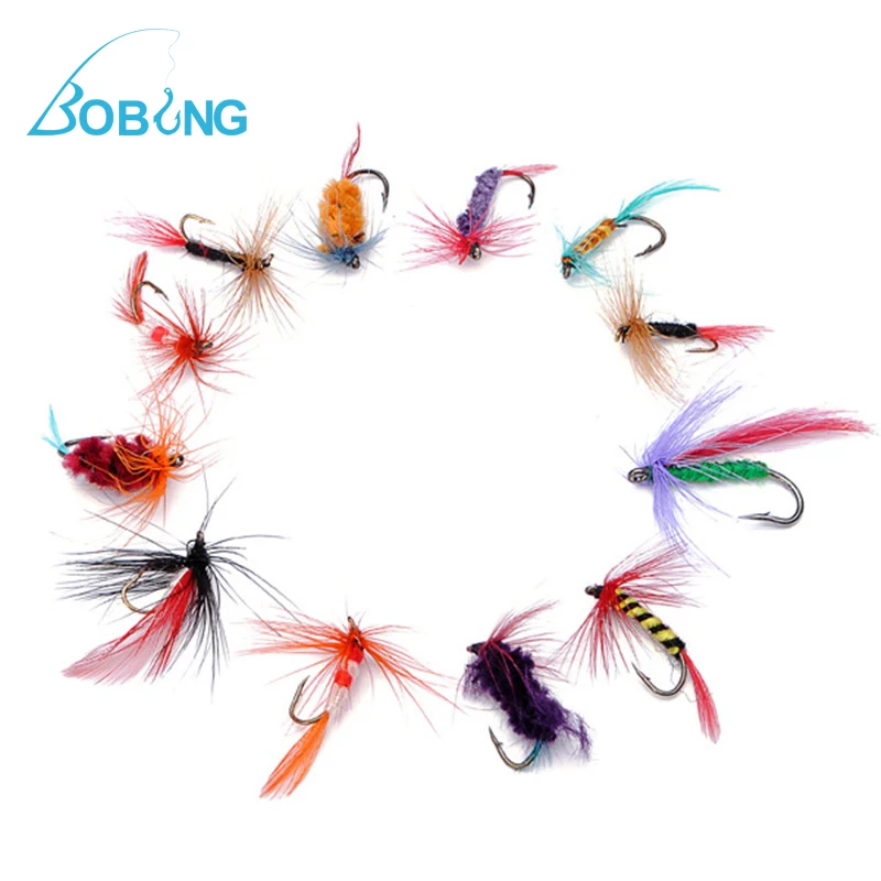 

Bobing 12pcs/lot Fly Fishing Lure Set Style Insect Artificial Fishing Bait Feather Single Hooks Carp Fish Lure Spinner Spinners