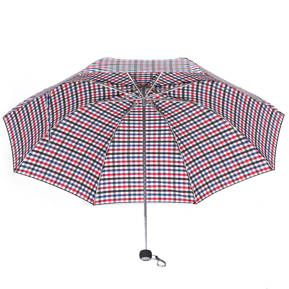 Plaid Pattern Lightweight Triple Folding Rain Sun Umbrella 8 Rib