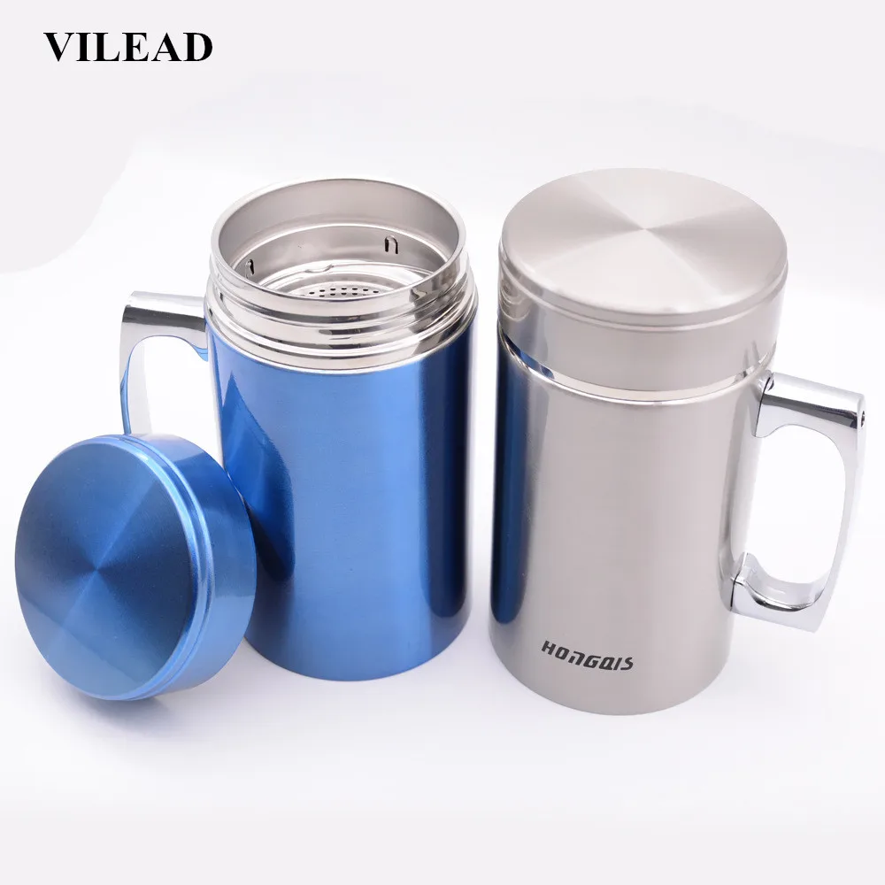 VILEAD 304 Stainless Steel Thermos Vacuum Handle Mug Office Insulated Flask with Tea Filter
