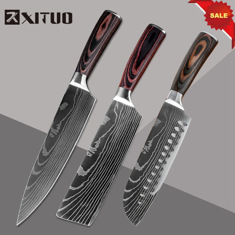 XITUO бритвы острые кухонные ножи для очистки овощей утилита Santoku нарезки шеф-повара Дамасские вены Paka деревянной ручкой из нержавеющей стали поварской нож - Цвет: 3pcs