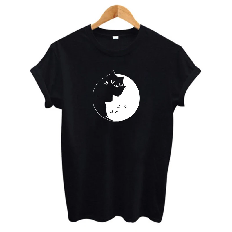 Tai Chi cat yin yang balck t shirt Women white Cotton t shirt Harajuku ...