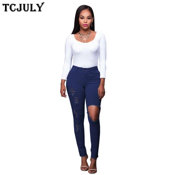 

TCJULY Cotton Washed Denim Jeans For Women Skinny Push Up Stretch Pencil Pants Streetwear Slim Solid Distressed Jeans With Holes