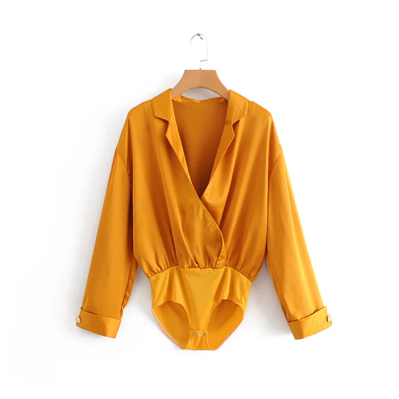 

Women elegant candy color bodysuits shirt casual buttons decoration siamese blouse playsuits vintage chic feminina blusas LS2740