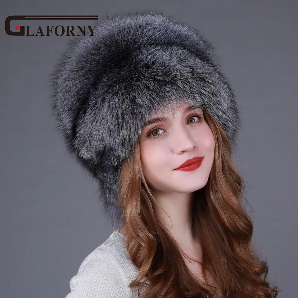 Glaforny 2018 модные шапки из меха серебристой лисы женские зимние лисьего