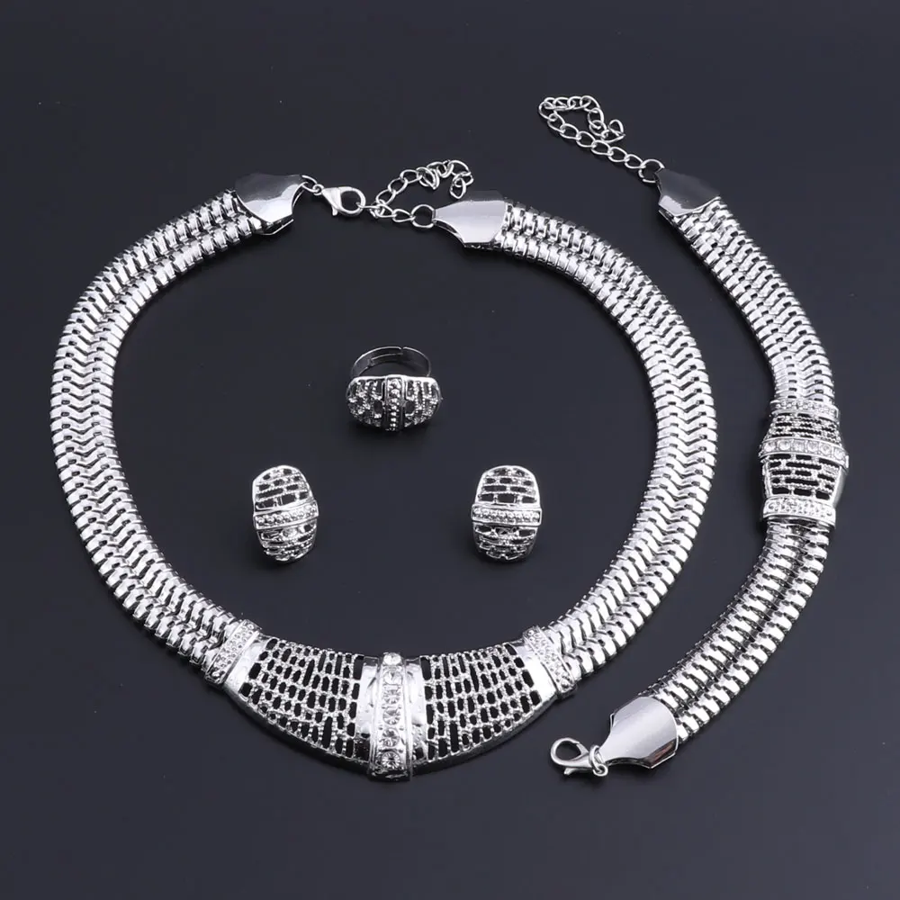

OEOEOS African Beads Jewelry Set Vintage Ladies Jewelry Sets Indian Party Silver Color Necklace Bracelet Earrings Ring Set