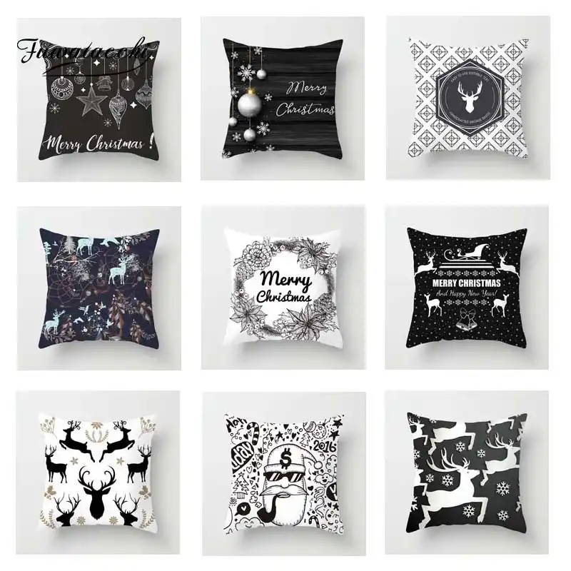 Fuwatacchi Рождественская дневная Подушка Обложка Санта-олень дерево Мягкая Подушка Чехол домашний диван спальня черный декоративный наволочк...