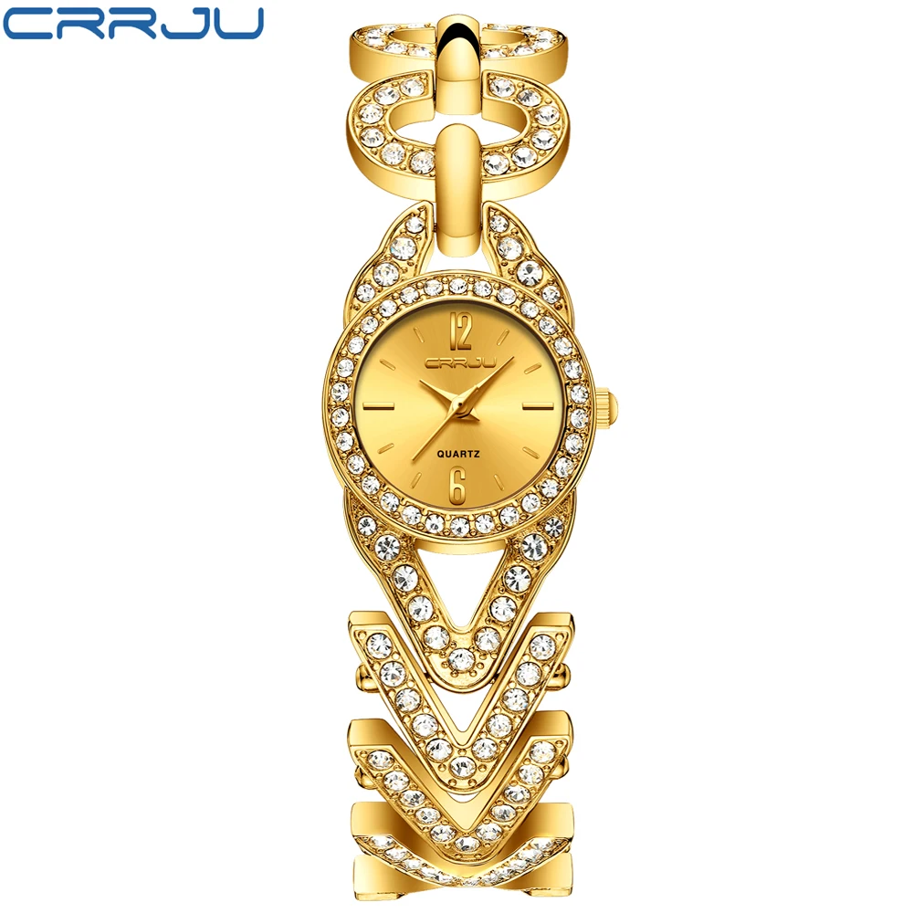Женские часы CRRJU золотые водонепроницаемые наручные часы модные ювелирные изделия браслет из нержавеющей стали Мужские кварцевые часы подарок часы