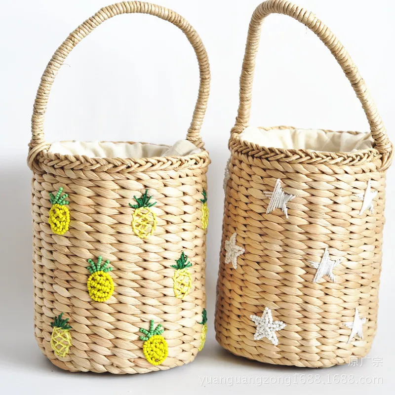 

Pineapple Stars Smiling Faces Beade Bucket Portable Straw Bag women bag Japanese Corn dropshipping Totes summer holiday